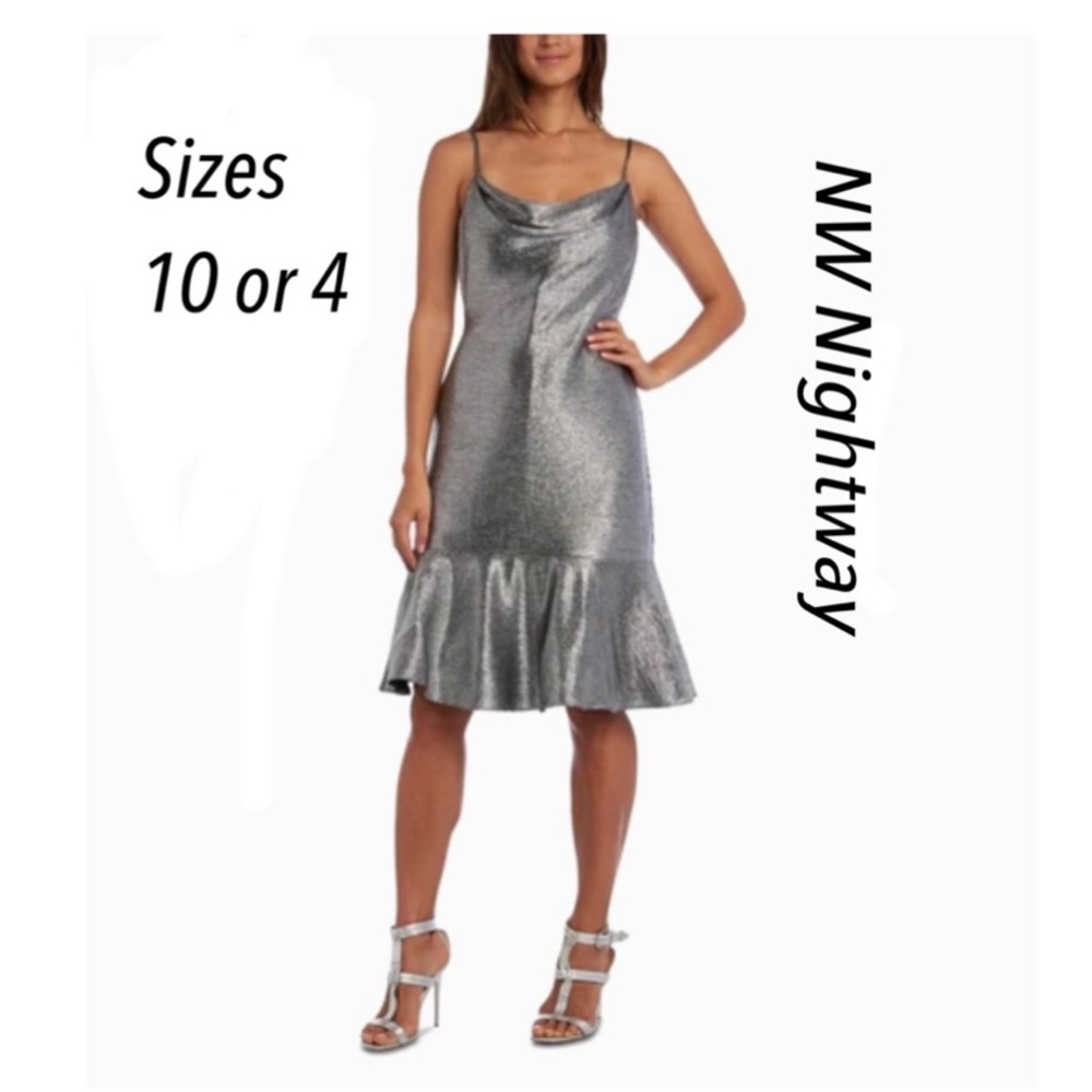 NWT (10) NW NIGHTWAY drape sleeveless flounce ruffle dress silver metallic